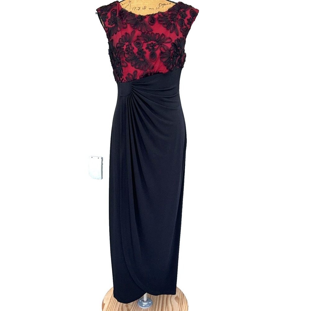 Connected Apparel Sleeveless Maxi Dress 8 Empire Wrap Black Red Mesh Bodice